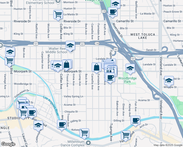 map of restaurants, bars, coffee shops, grocery stores, and more near 11504 Moorpark Street in Los Angeles