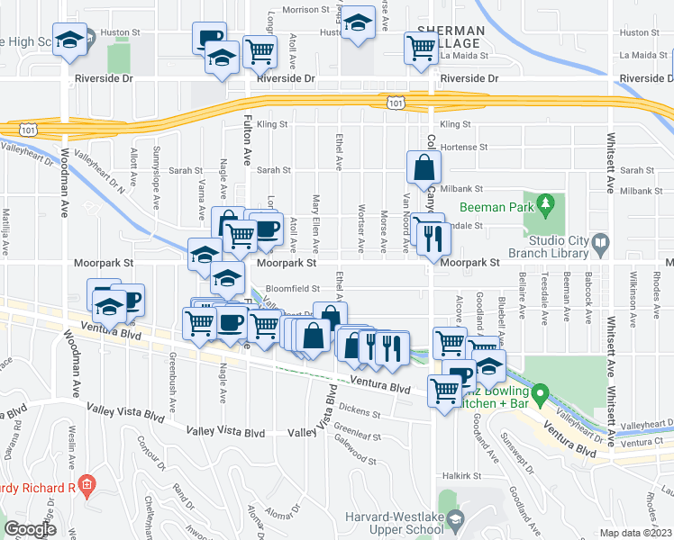 map of restaurants, bars, coffee shops, grocery stores, and more near 4375 Ethel Avenue in Los Angeles