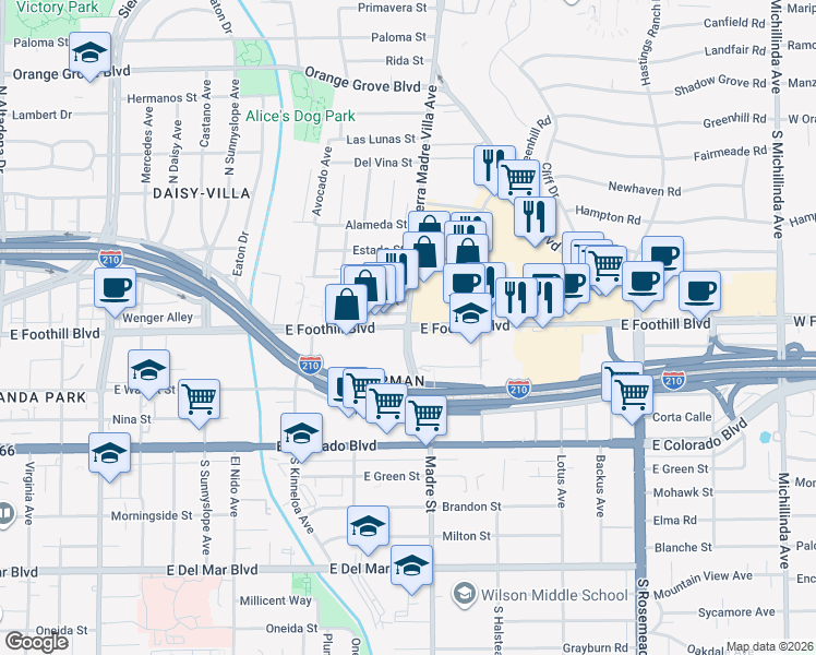 map of restaurants, bars, coffee shops, grocery stores, and more near Sierra Madre Villa Ave & E Foothill Blvd in Pasadena