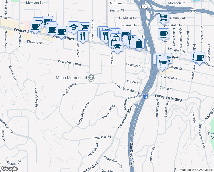 map of restaurants, bars, coffee shops, grocery stores, and more near 15605 Woodvale Road in Los Angeles