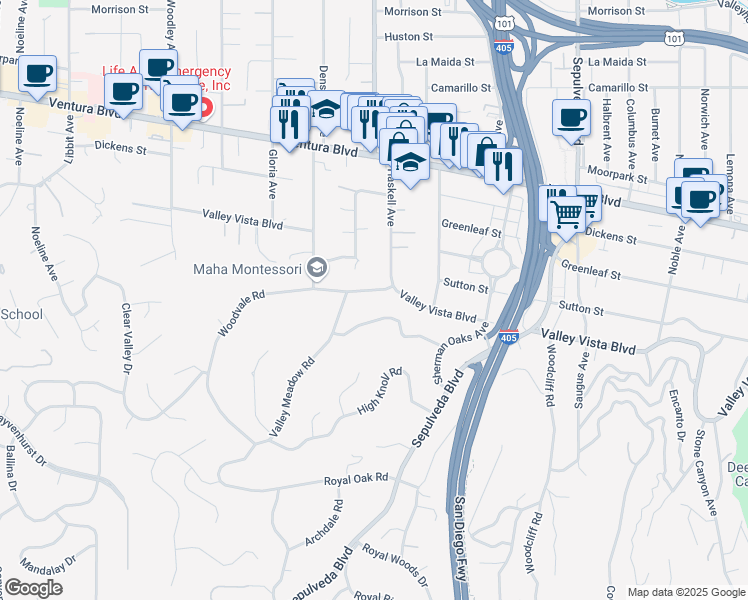 map of restaurants, bars, coffee shops, grocery stores, and more near 15620 Woodvale Road in Los Angeles