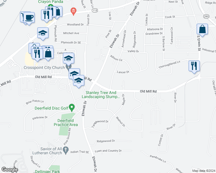 map of restaurants, bars, coffee shops, grocery stores, and more near 201 Old Mill Road in Cartersville