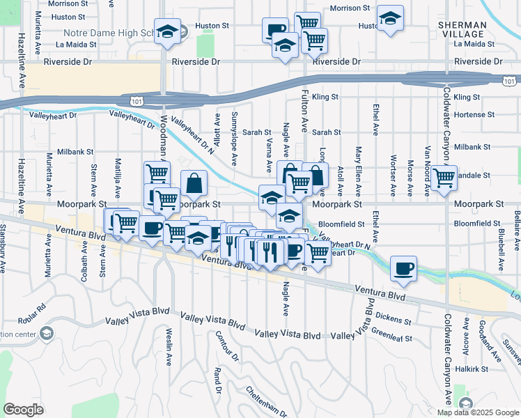 map of restaurants, bars, coffee shops, grocery stores, and more near 13406 Moorpark Street in Los Angeles