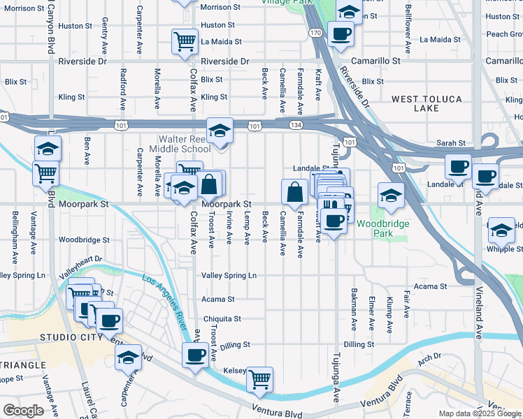 map of restaurants, bars, coffee shops, grocery stores, and more near 11540 Moorpark Street in Los Angeles