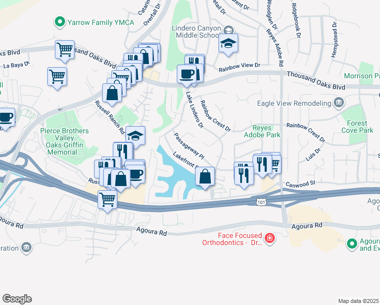 map of restaurants, bars, coffee shops, grocery stores, and more near 30726 Passageway Place in Agoura Hills