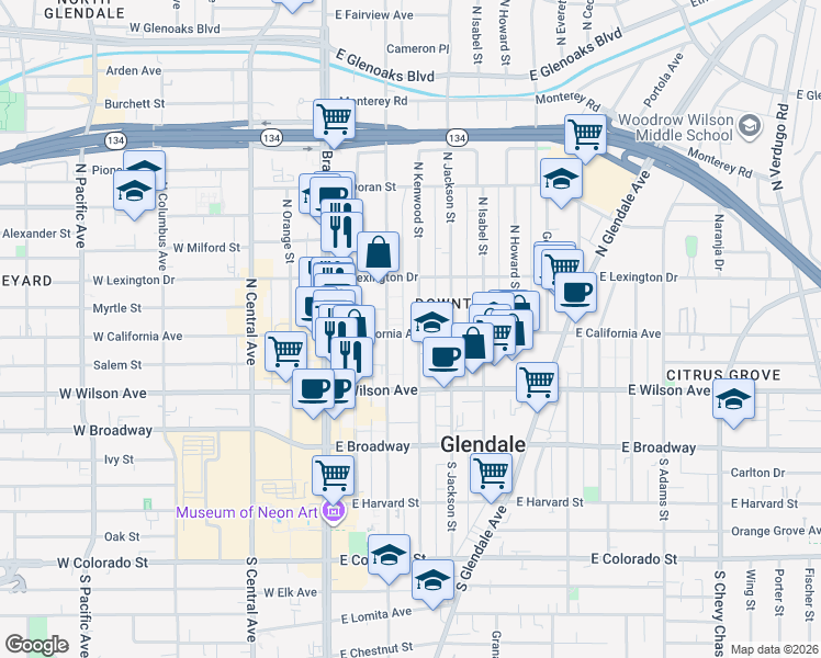 map of restaurants, bars, coffee shops, grocery stores, and more near 315 East California Avenue in Glendale