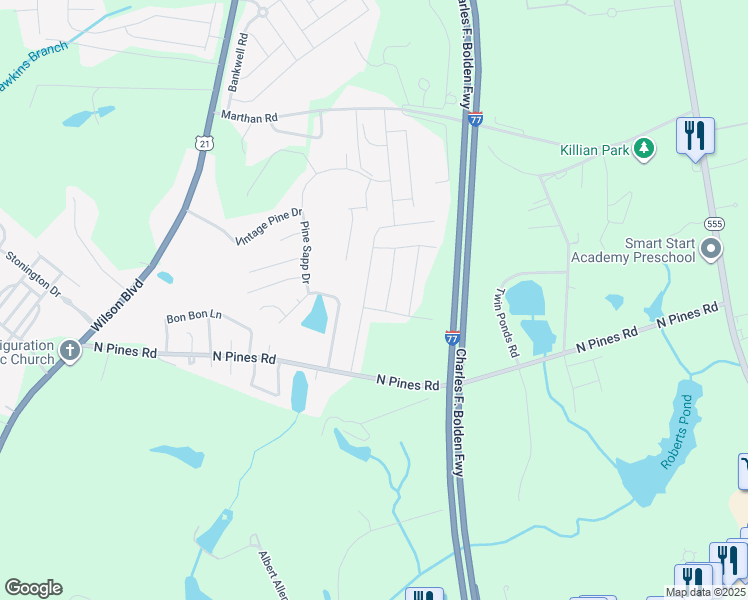map of restaurants, bars, coffee shops, grocery stores, and more near 505 Hatteras Drive in Blythewood