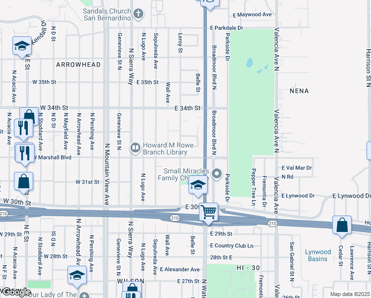 map of restaurants, bars, coffee shops, grocery stores, and more near 245 East Edgemont Drive in San Bernardino