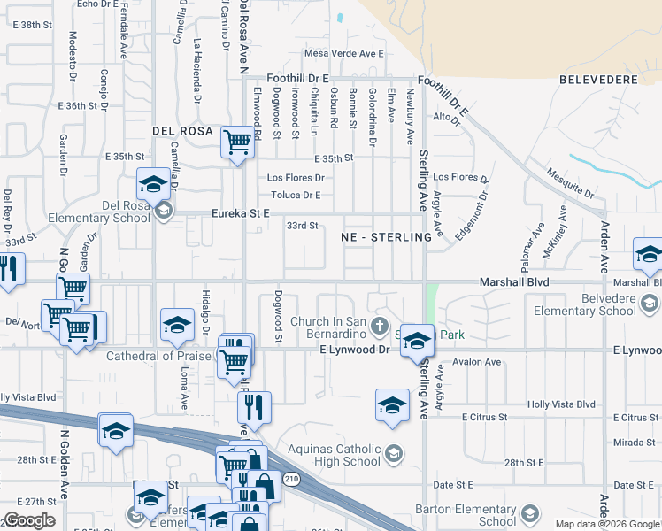 map of restaurants, bars, coffee shops, grocery stores, and more near 5715 Osbun Road in San Bernardino