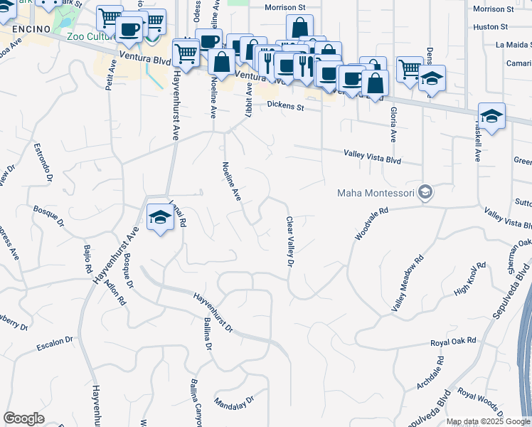 map of restaurants, bars, coffee shops, grocery stores, and more near 4367 Clear Valley Drive in Los Angeles