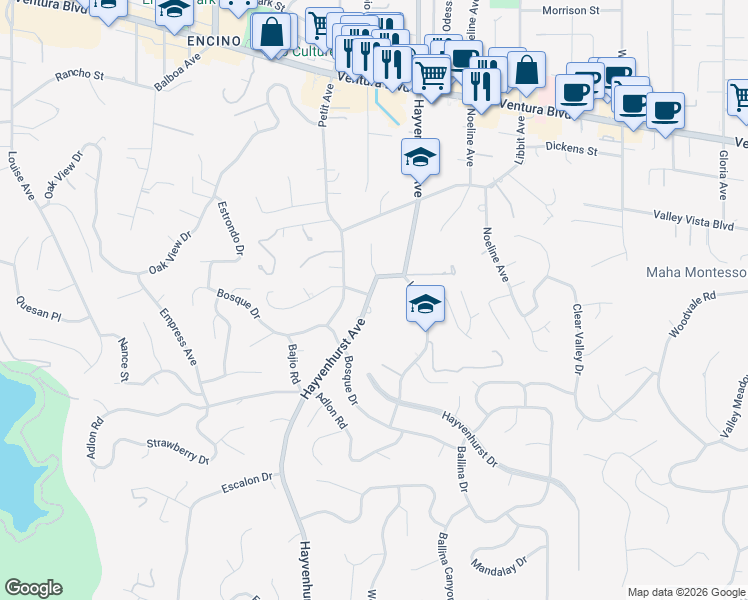 map of restaurants, bars, coffee shops, grocery stores, and more near 4380 Hayvenhurst Avenue in Los Angeles