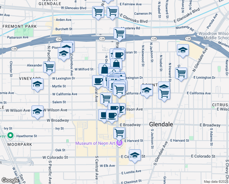 map of restaurants, bars, coffee shops, grocery stores, and more near 309 North Brand Boulevard in Glendale