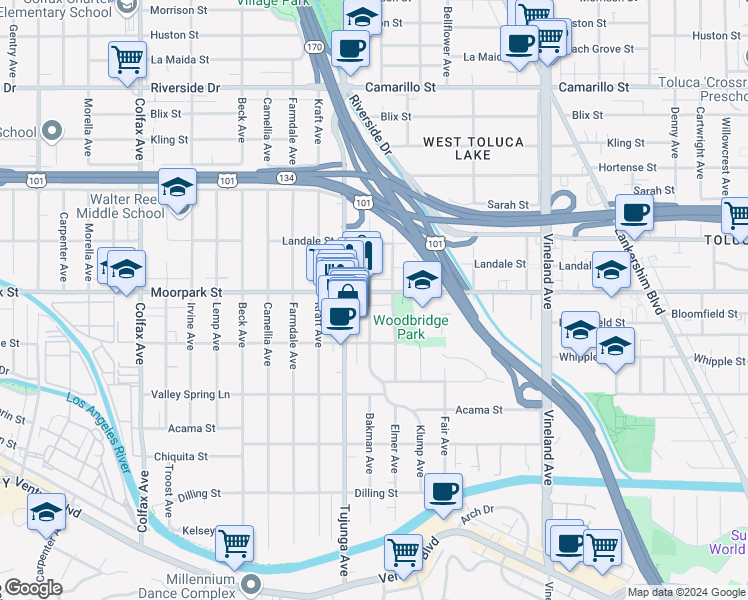 map of restaurants, bars, coffee shops, grocery stores, and more near 11322 Moorpark Street in Los Angeles
