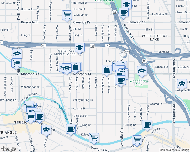 map of restaurants, bars, coffee shops, grocery stores, and more near 11540 Moorpark Street in Los Angeles