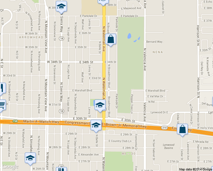 map of restaurants, bars, coffee shops, grocery stores, and more near 3257 North Belle Street in San Bernardino