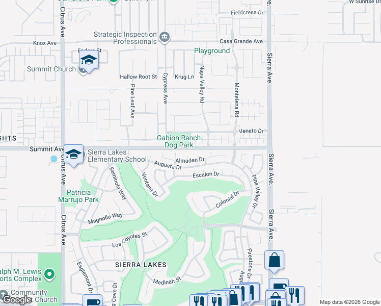 map of restaurants, bars, coffee shops, grocery stores, and more near 5724 Contenta Court in Fontana