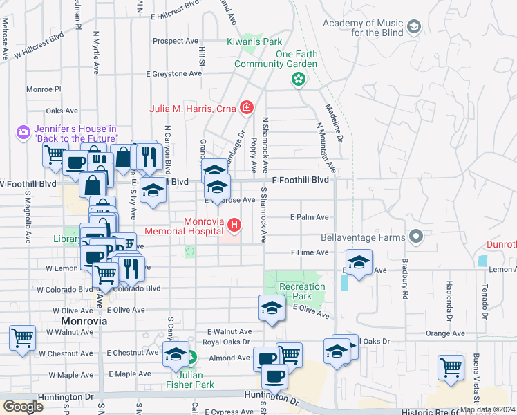 map of restaurants, bars, coffee shops, grocery stores, and more near 617 East Wildrose Avenue in Monrovia