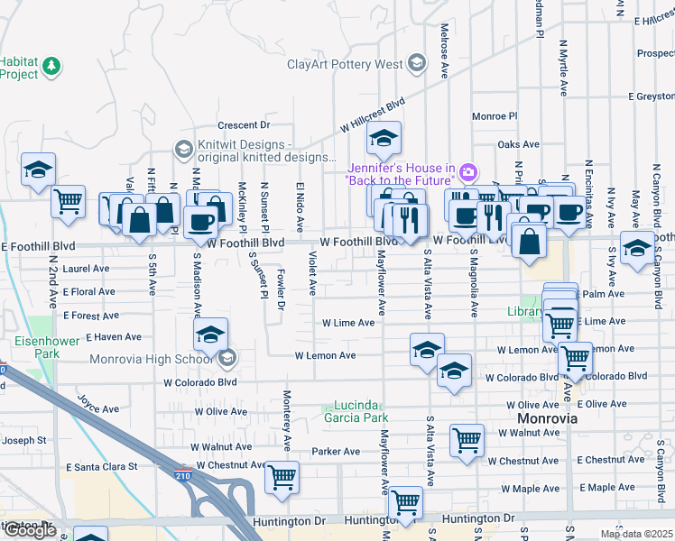 map of restaurants, bars, coffee shops, grocery stores, and more near 120 Violet Avenue in Monrovia