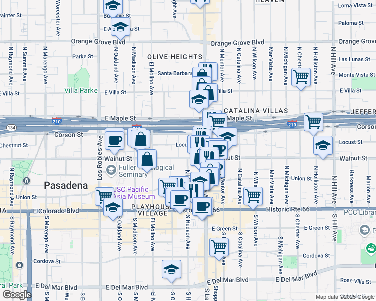 map of restaurants, bars, coffee shops, grocery stores, and more near in Pasadena