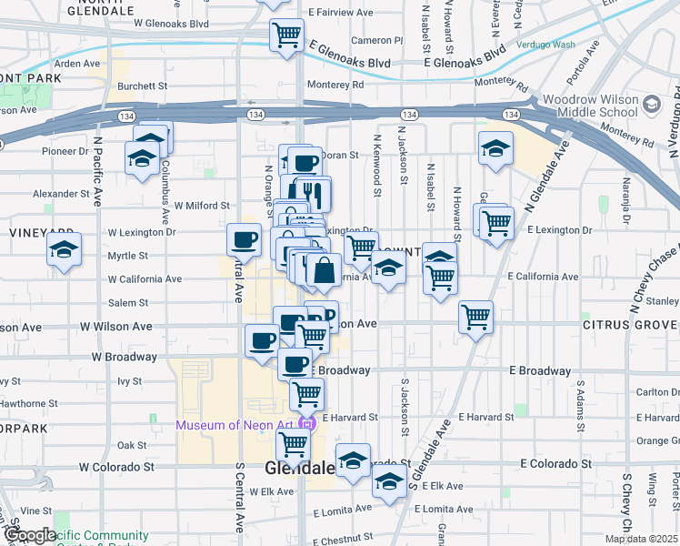 map of restaurants, bars, coffee shops, grocery stores, and more near 308 North Louise Street in Glendale