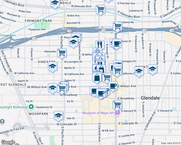 map of restaurants, bars, coffee shops, grocery stores, and more near 350 Myrtle Street in Glendale