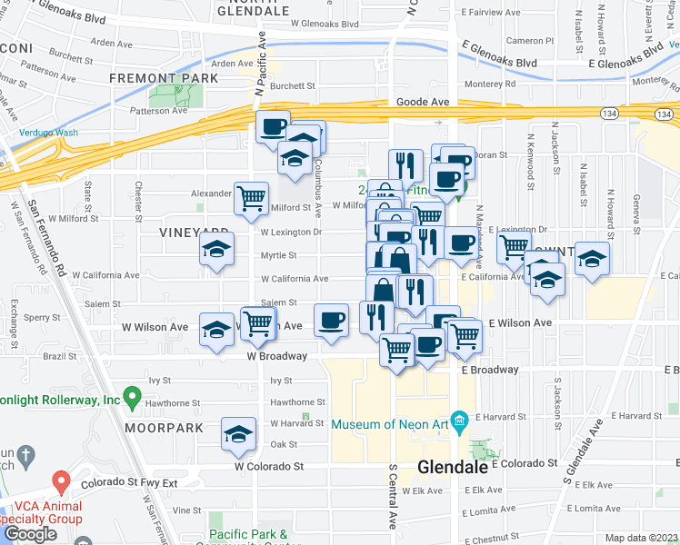 map of restaurants, bars, coffee shops, grocery stores, and more near 350 Myrtle Street in Glendale