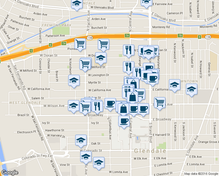 map of restaurants, bars, coffee shops, grocery stores, and more near 400 Myrtle Street in Glendale