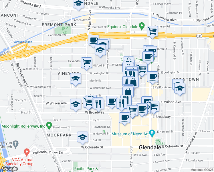 map of restaurants, bars, coffee shops, grocery stores, and more near 400 Myrtle Street in Glendale