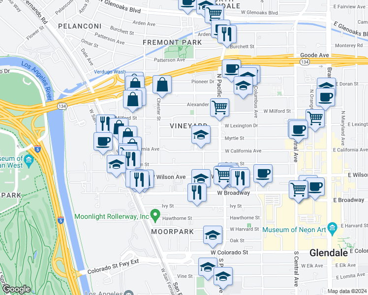 map of restaurants, bars, coffee shops, grocery stores, and more near 614 Myrtle Street in Glendale