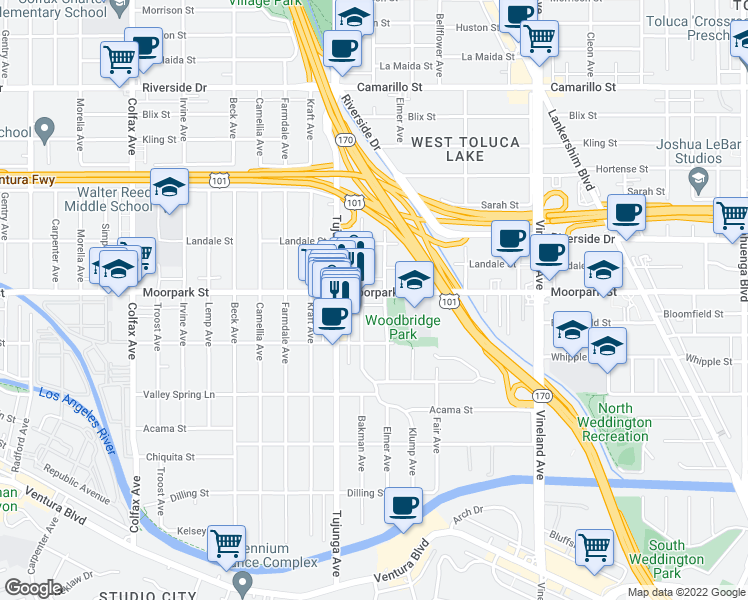 map of restaurants, bars, coffee shops, grocery stores, and more near 11305 Moorpark Street in Los Angeles