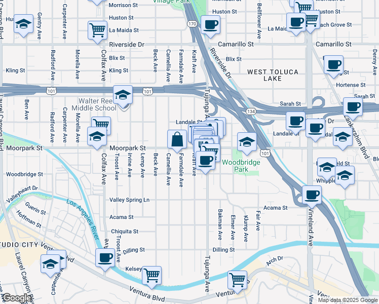 map of restaurants, bars, coffee shops, grocery stores, and more near 4413 Tujunga Avenue in Los Angeles