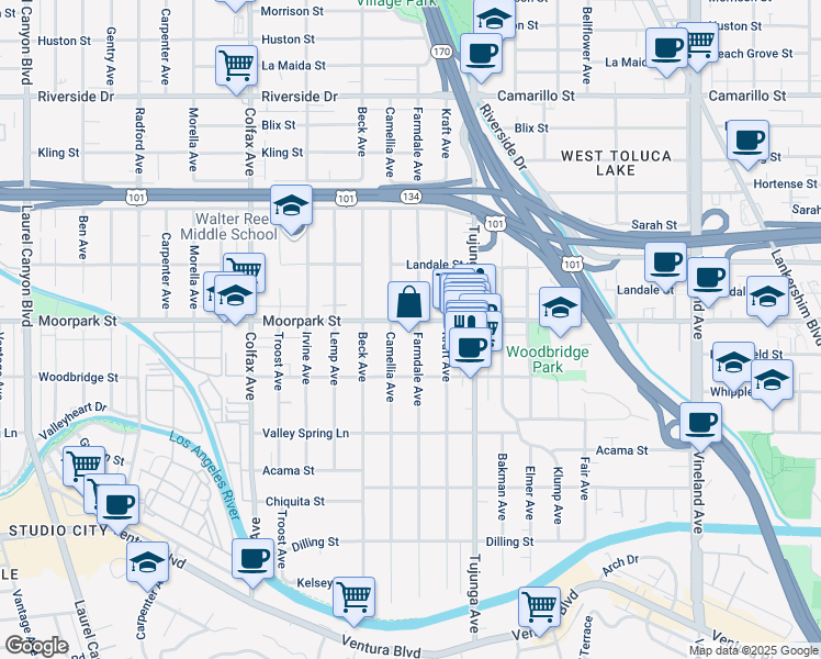 map of restaurants, bars, coffee shops, grocery stores, and more near 11469 Moorpark Street in Los Angeles