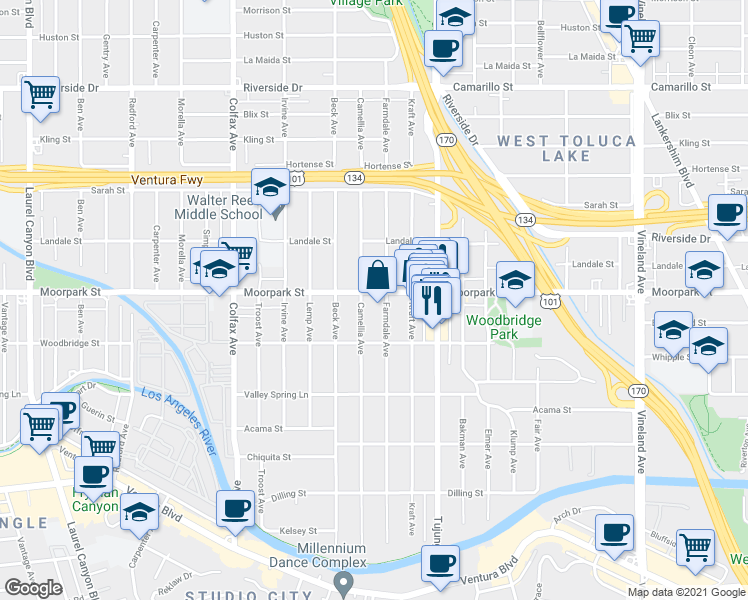 map of restaurants, bars, coffee shops, grocery stores, and more near 11469 Moorpark Street in Los Angeles