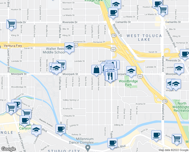 map of restaurants, bars, coffee shops, grocery stores, and more near 11469 Moorpark Street in Los Angeles