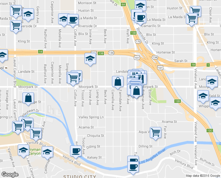 map of restaurants, bars, coffee shops, grocery stores, and more near 4400 Beck Avenue in Los Angeles