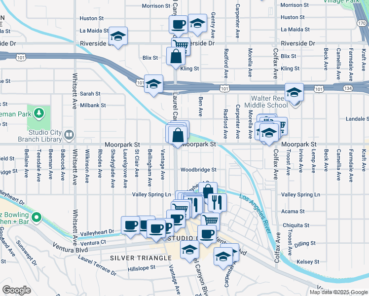 map of restaurants, bars, coffee shops, grocery stores, and more near 4411 Ben Avenue in Los Angeles