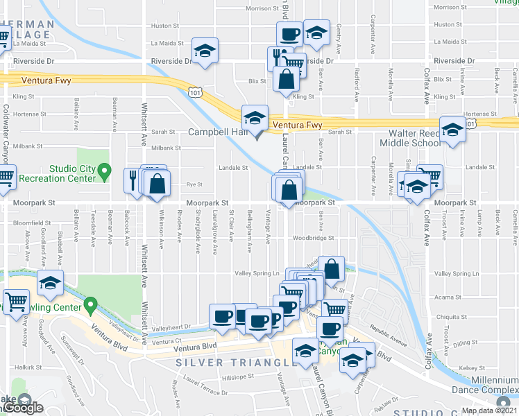 map of restaurants, bars, coffee shops, grocery stores, and more near 12143 Moorpark Street in Los Angeles