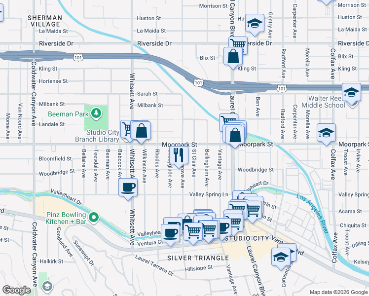 map of restaurants, bars, coffee shops, grocery stores, and more near 12303 Moorpark Street in Los Angeles