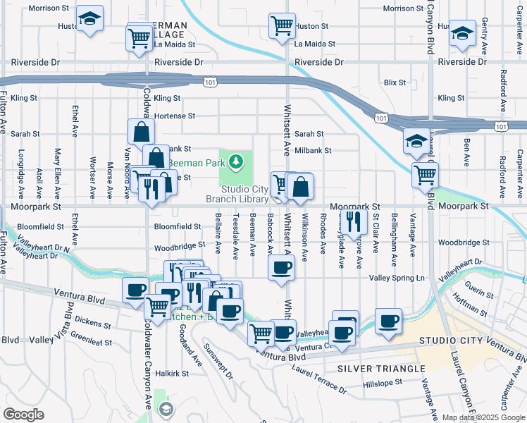 map of restaurants, bars, coffee shops, grocery stores, and more near 4400 Beeman Avenue in Los Angeles