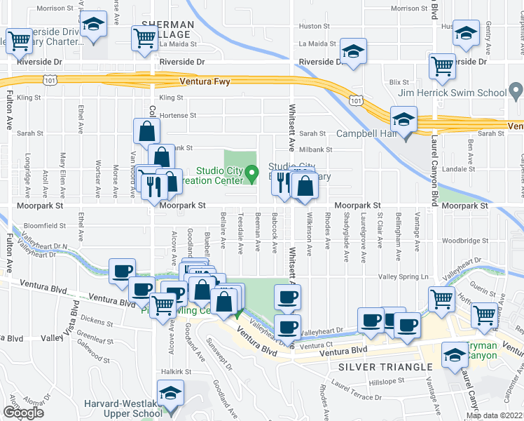 map of restaurants, bars, coffee shops, grocery stores, and more near 4400 Beeman Avenue in Los Angeles
