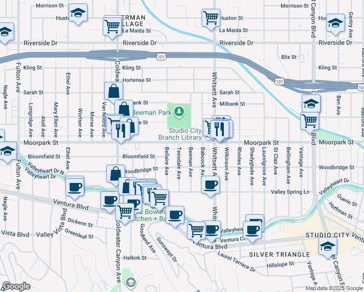 map of restaurants, bars, coffee shops, grocery stores, and more near 12633 Moorpark Street in Los Angeles