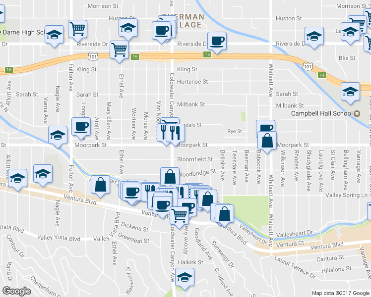 map of restaurants, bars, coffee shops, grocery stores, and more near 12851 Moorpark Street in Los Angeles