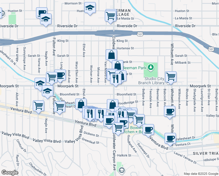 map of restaurants, bars, coffee shops, grocery stores, and more near 12911 Moorpark Street in Los Angeles