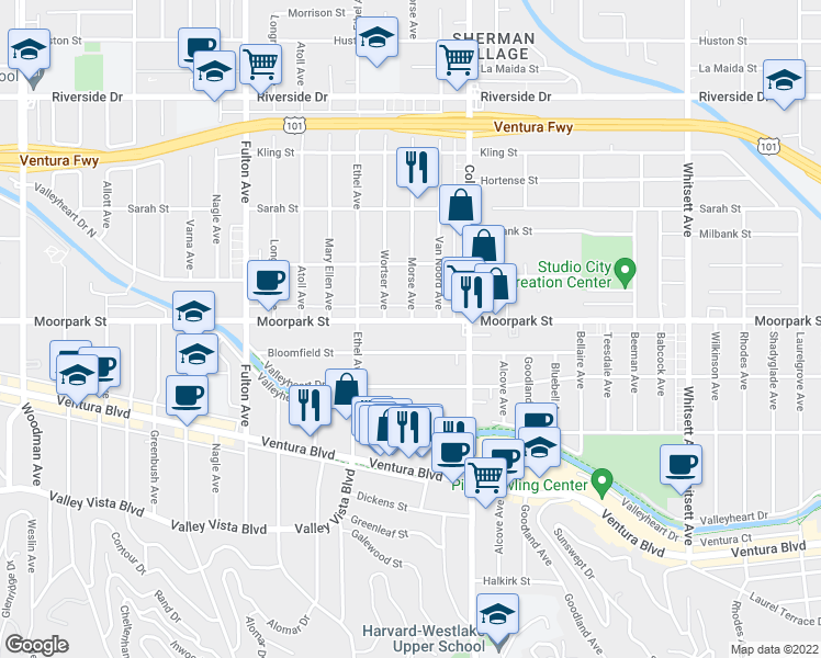 map of restaurants, bars, coffee shops, grocery stores, and more near 12961 Moorpark Street in Los Angeles