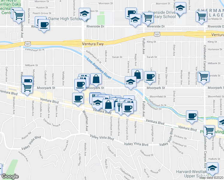 map of restaurants, bars, coffee shops, grocery stores, and more near 13443 Moorpark Street in Los Angeles