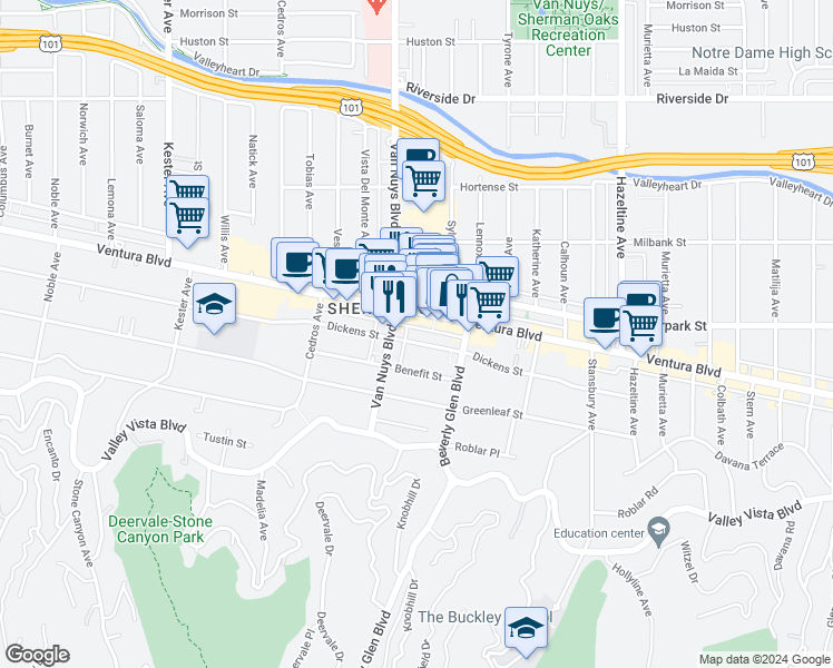 map of restaurants, bars, coffee shops, grocery stores, and more near 14446 Ventura Boulevard in Los Angeles