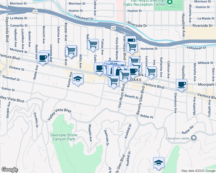 map of restaurants, bars, coffee shops, grocery stores, and more near 14541 Dickens Street in Los Angeles