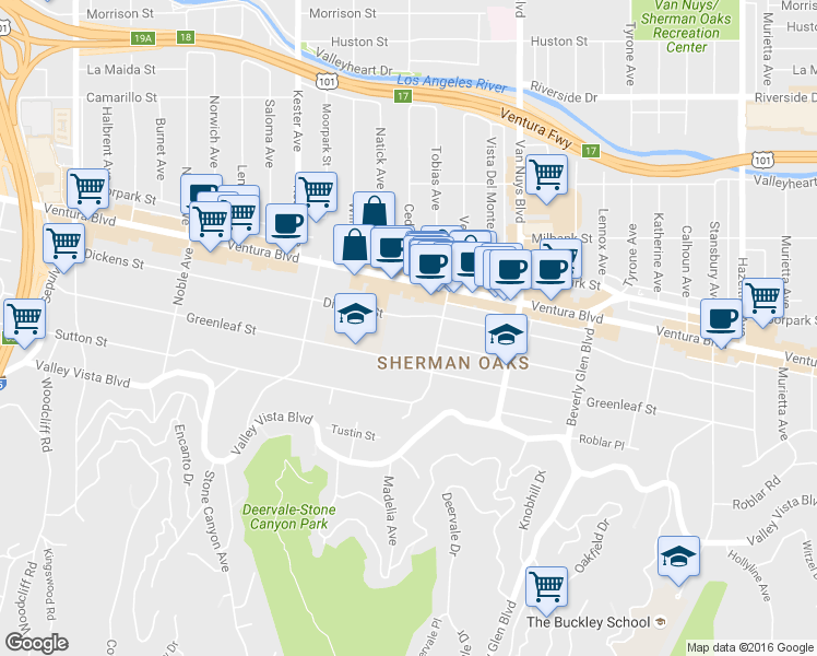 map of restaurants, bars, coffee shops, grocery stores, and more near 14647 Dickens Street in Los Angeles