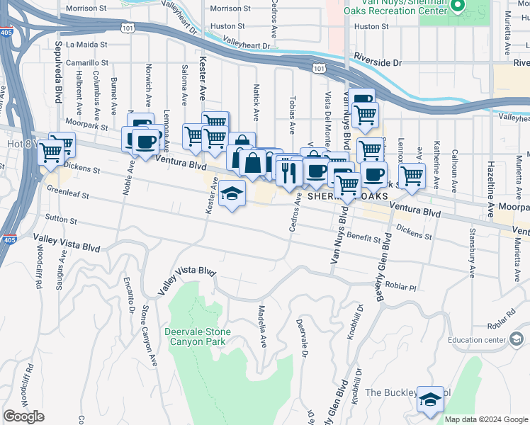 map of restaurants, bars, coffee shops, grocery stores, and more near 14647 Dickens Street in Los Angeles