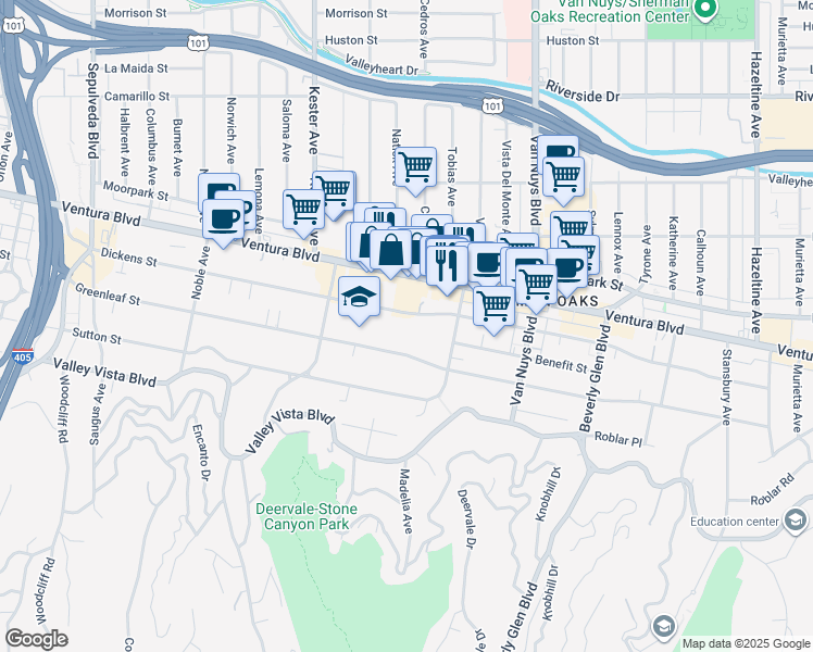 map of restaurants, bars, coffee shops, grocery stores, and more near 14647 Dickens Street in Los Angeles